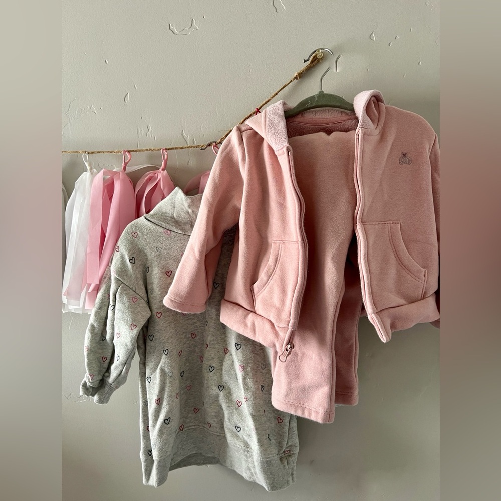 Pink Hooded Jacket & Matching Pink Sweatpants. Gray Heart High Neck Sweatshirt